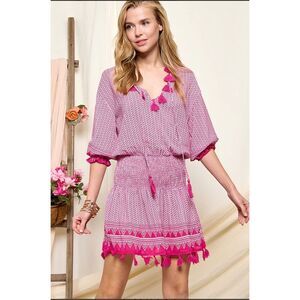 CZ COLLECTION BY CEZELE Womens Tassel Boho Dress Swimcover Sz Small Pink White